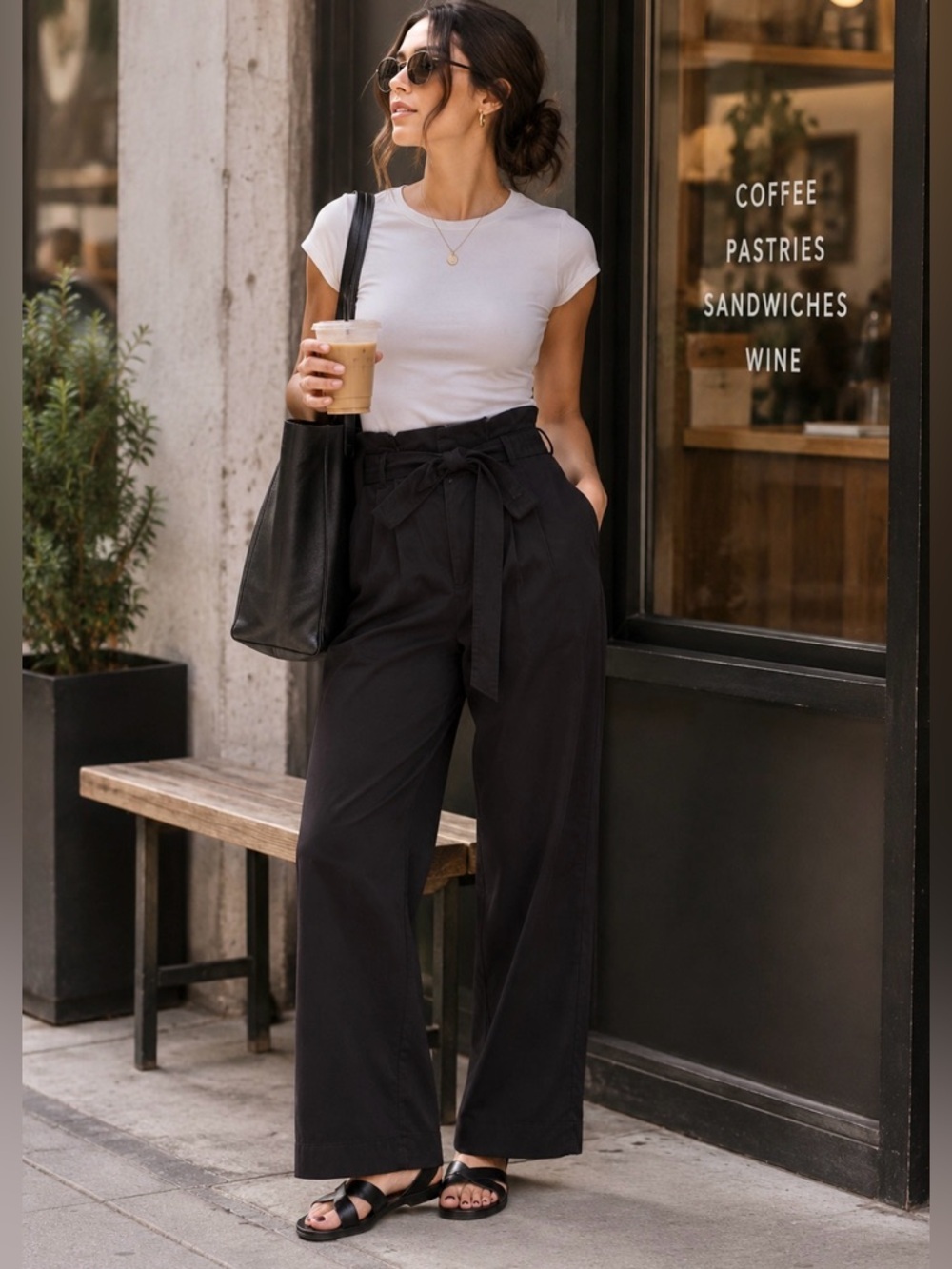 Everlane Black Paperbag Waist Wide Leg Cropped Trousers Belted Pants Sz M
